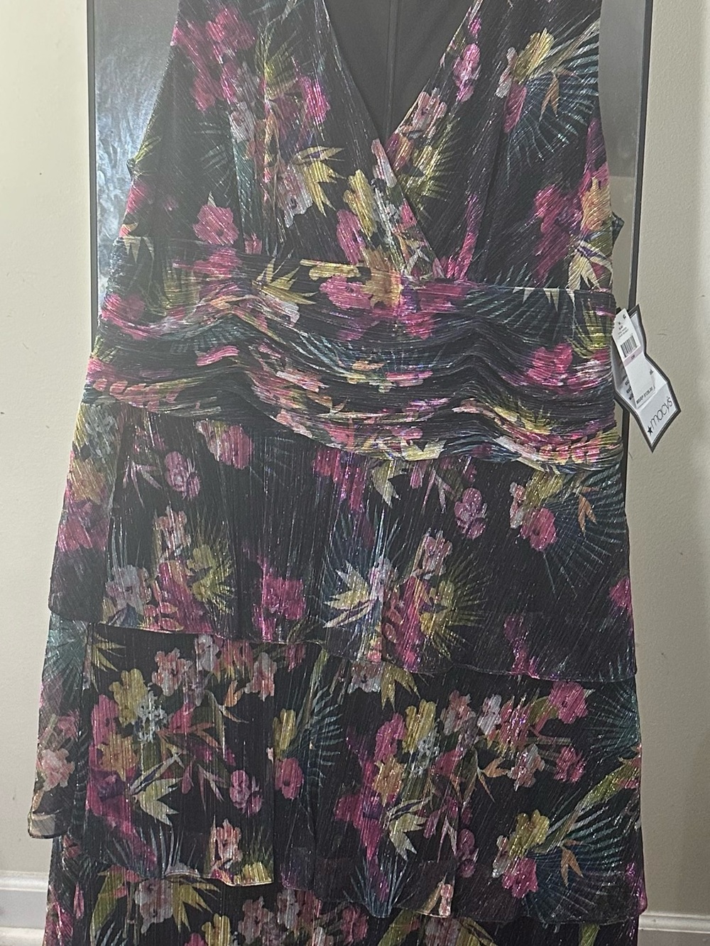 SLNY Black Floral Tiered Midi Dress with Pink and Yellow Accents